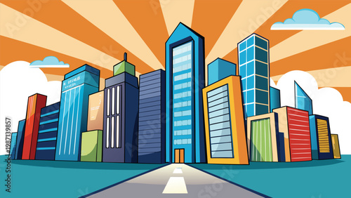 A colorful and stylized illustration of a modern city skyline featuring tall skyscrapers with reflective glass windows and vibrant colors set against a bright sky with a few clouds and rays of sunligh
