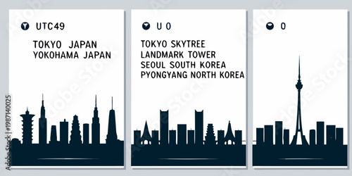 Triptych depicting skylines of Tokyo Seoul and Pyongyang with landmarks