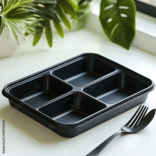 Black Meal Prep Container with Compartments and Fork.