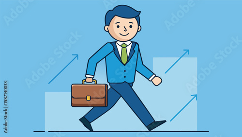 A cheerful businessman dressed in a blue suit and green tie is confidently walking forward while carrying a brown briefcase in his right hand, with a background featuring upward trending graphs indica