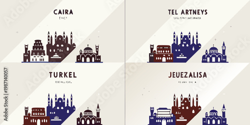 Illustrative designs showcasing iconic city skylines with architectural details