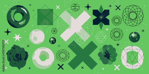 Abstract geometric shapes in varying shades of green and white