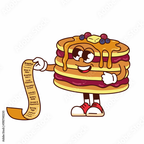 A friendly, animated pancake character holding a long breakfast menu, representing the joy of breakfast meals and the fun of choosing delicious food options.