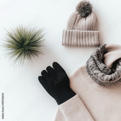 Cozy Winter Essentials - Hat, Scarf, Gloves, and Decorative Green Ball.
