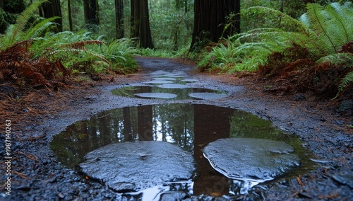 Reflections in a Puddle on a Forest Trail.