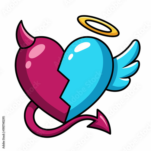 A vibrant, artistic representation of a heart split into two, symbolizing love's duality with elements of good and evil, capturing deep human emotions and relationships.
