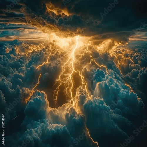 Dramatic Lightning Storm Illuminating Clouds with Golden Light.