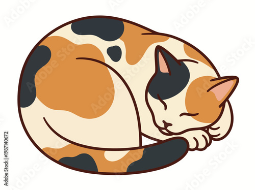 This charming image showcases an adorable calico cat curled up and peacefully sleeping, evoking feelings of tranquility and comfort from this delightful pet.