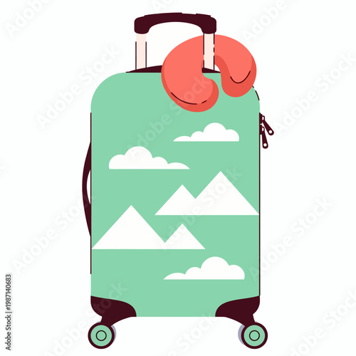 This light blue suitcase, accompanied by a travel neck pillow, captures the essence of travel, comfort, and adventure, perfect for vacation enthusiasts and wanderers alike.