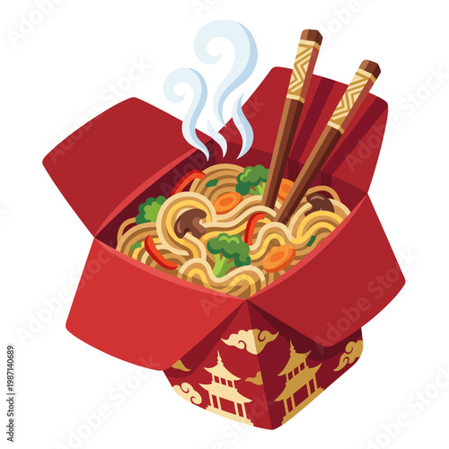 An appealing image showcasing delicious noodles in a decorative takeout box, with steam rising, suggesting warmth and satisfaction, embodying the essence of comfort food.