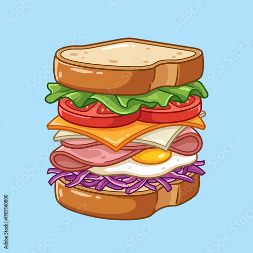 This vibrant illustration features a tall sandwich stacked with layers of fresh ingredients, enticing anyone looking for a delicious meal option or food-related imagery.