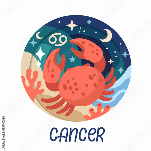 A vibrant depiction of the Cancer Zodiac sign featuring bold graphics of a crab surrounded by celestial elements, symbolizing intuition, emotional depth, and astrology.