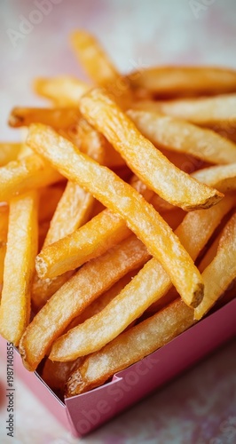 Golden French Fries Overflowing from a Pink Container.