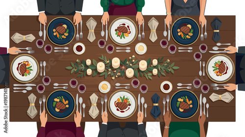 Sophisticated Family Dinner Table – Top View Flat Vector with Elegant Tableware