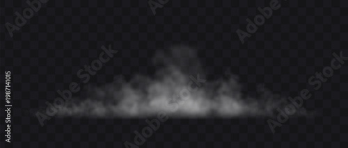 Gray fog cloud on transparent dark background. Wide fluffy smoke layer above floor surface with soft diffusion haze.