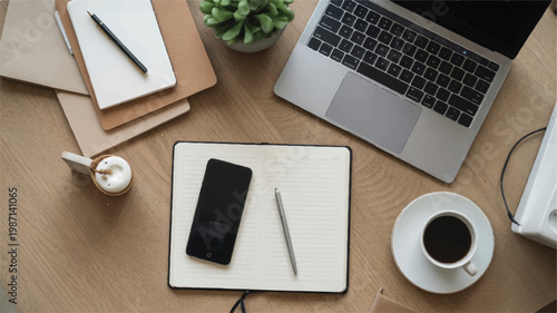 workspace with laptop phone and coffee on wooden desk