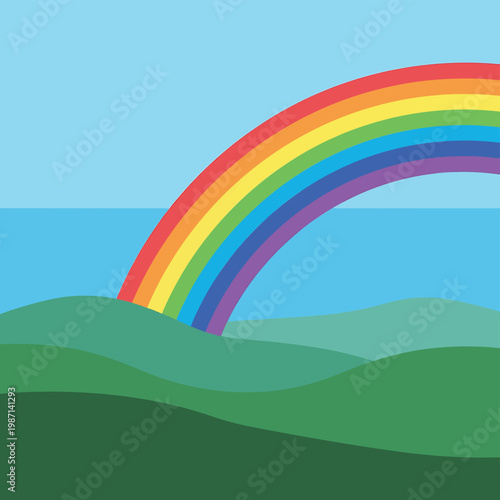 Colorful Rainbow Over Green Hills.