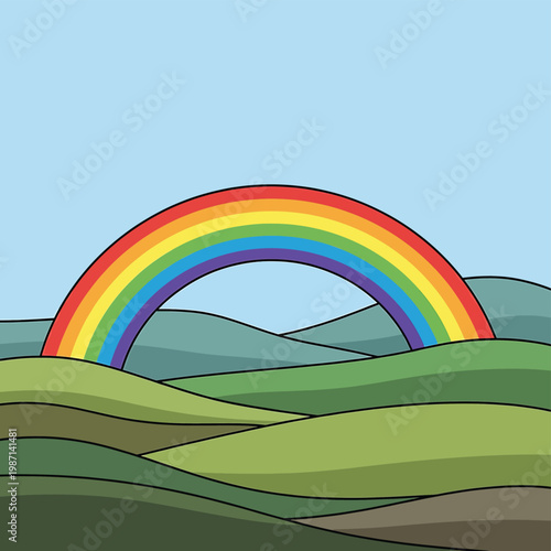 Colorful Rainbow Over Green Hills.