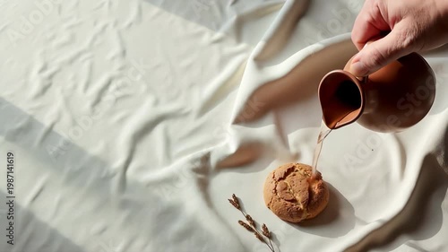 Delicious baked cookie with warm syrup being poured from clay jug on soft fabric, freshly baked dessert paired with sweet syrup creates inviting ambiance,