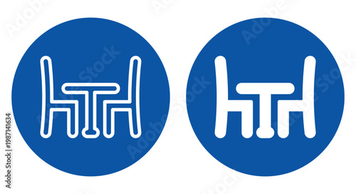 Two Minimalist Table and Chair Icons on Circular Blue Backgrounds