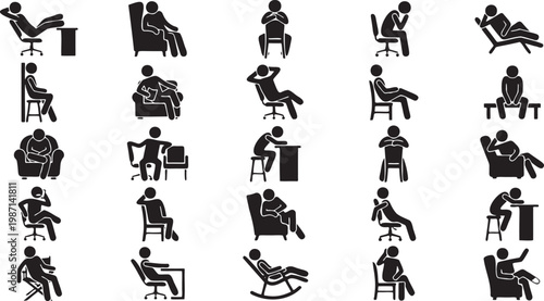 Human Silhouettes Leaning and Slouching on Chairs Icons.