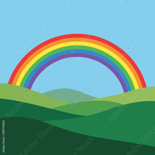 Colorful Rainbow Over Green Hills.
