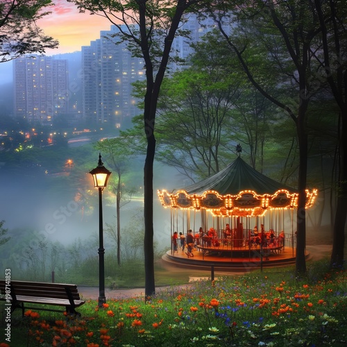 Enchanting Carousel at Dusk - A Whimsical Park Scene.