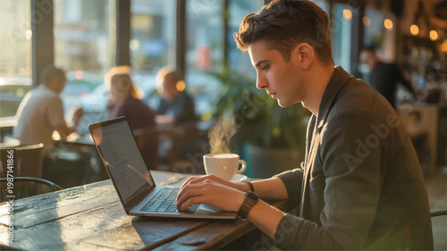 young man sitting at a table in a cafe working on laptop with coffee