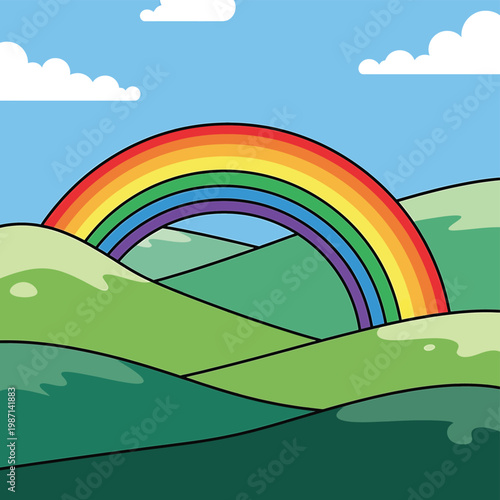 Colorful Rainbow Over Green Hills.