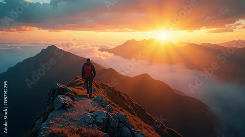 Adventurous hiker on mountain peak at sunrise with breathtaking view over clouds. Mountain landscape showcases golden rays illuminating rocky terrain,