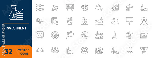 Investment Icon Set. Containing Strategy, Financial, Asset, Growth, Investor, stock and more. Editable vector Line icons collection.