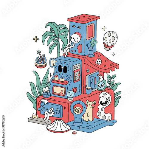 Dogs standing on house porch steps.