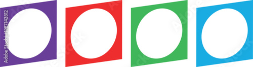 A set of four colorful tilted square frames each containing a large white circular space. This bold vector graphic is excellent for icon design image placeholders or modern infographic layouts