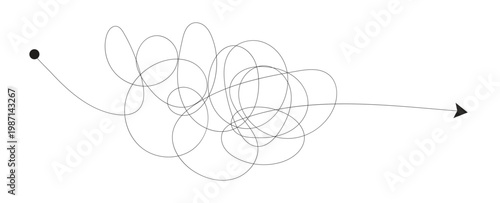 Scribble chaos lines with arrows. Messy scribble line tangles, chaos transformation, problem solving, stress reduction.	
