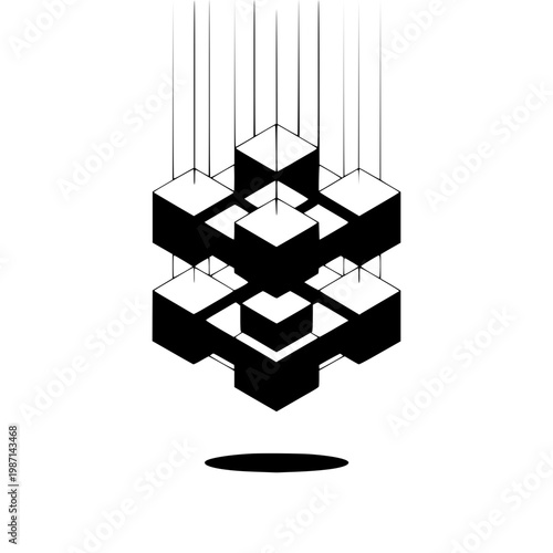 Black geometric cube sculpture on white background 3D abstract shape form minimalist