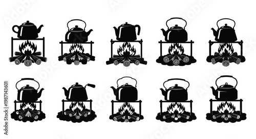 Black and white illustration of teapots over campfires arranged in a grid pattern