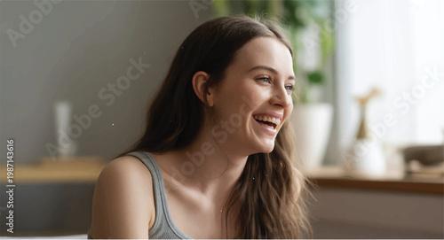 young woman smiling and looking away in a modern room with a window