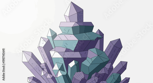 Geometric illustration of crystalline structure with shades of purple and teal colors
