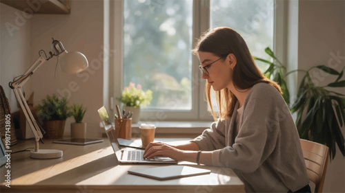 young woman working on laptop at home office desk with plants and window