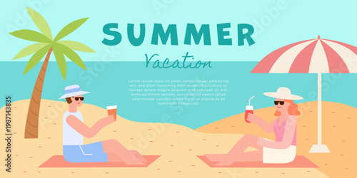 Man and woman resting on beach with beverage under umbrella. Summer vacation concept with tropical landscape. Couple enjoying seasonal holiday trip and leisure activity by ocean.