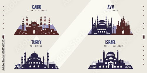 Architectural silhouettes of famous mosques and landmarks from Cairo Turkey and Israel