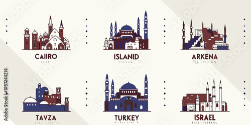 Stylized illustrations of famous mosques and landmarks from various countries