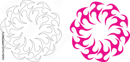 Tribal style circular flame patterns featuring a complex and bold aesthetic design that works perfectly for tattoo art projects or modern graphic illustrations where intricate symmetrical shapes are r