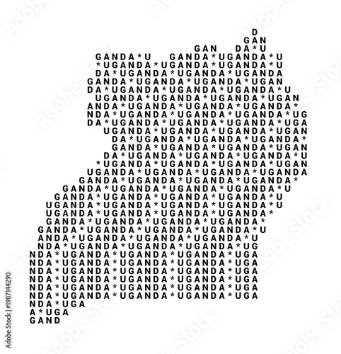 Typographic Map of Uganda with a pattern of capital letters that only show the name of the country