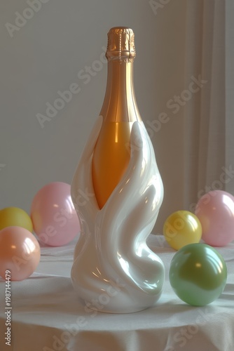 Elegant champagne bottle with white ceramic holder and colorful balloons.