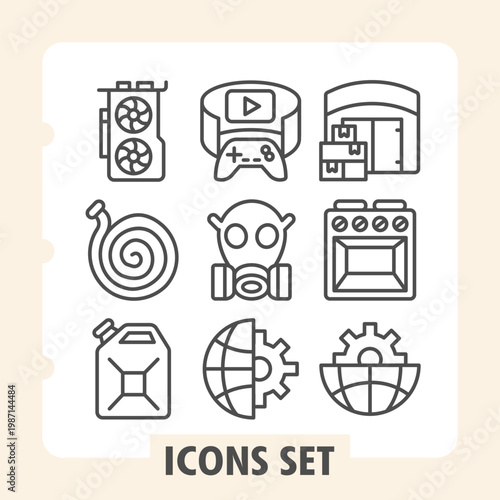 Video card, garden hose, canister minimalist icons set perfect for kitchen, design, technology items in outline style for apps and print on white background. Set of nine line icons.