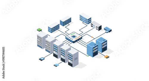Isometric illustration of a digital infrastructure showing server racks and central processing unit