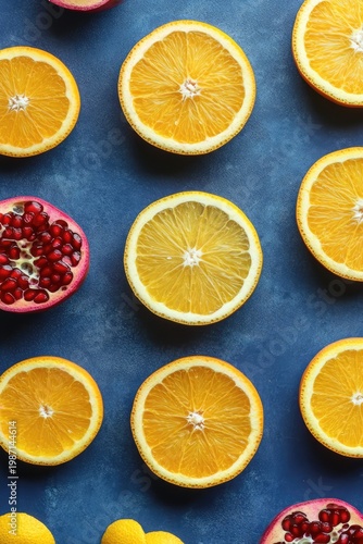 Vibrant Citrus and Pomegranate Slices on Blue Background.