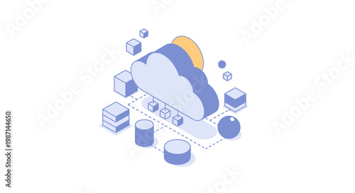Isometric illustration of cloud computing depicting data storage and network connectivity