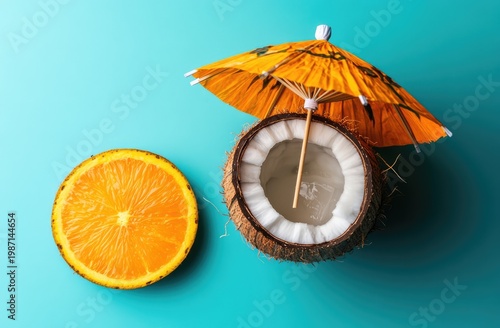 Tropical Refreshments - Coconut Drink with Umbrella and Orange Slice.